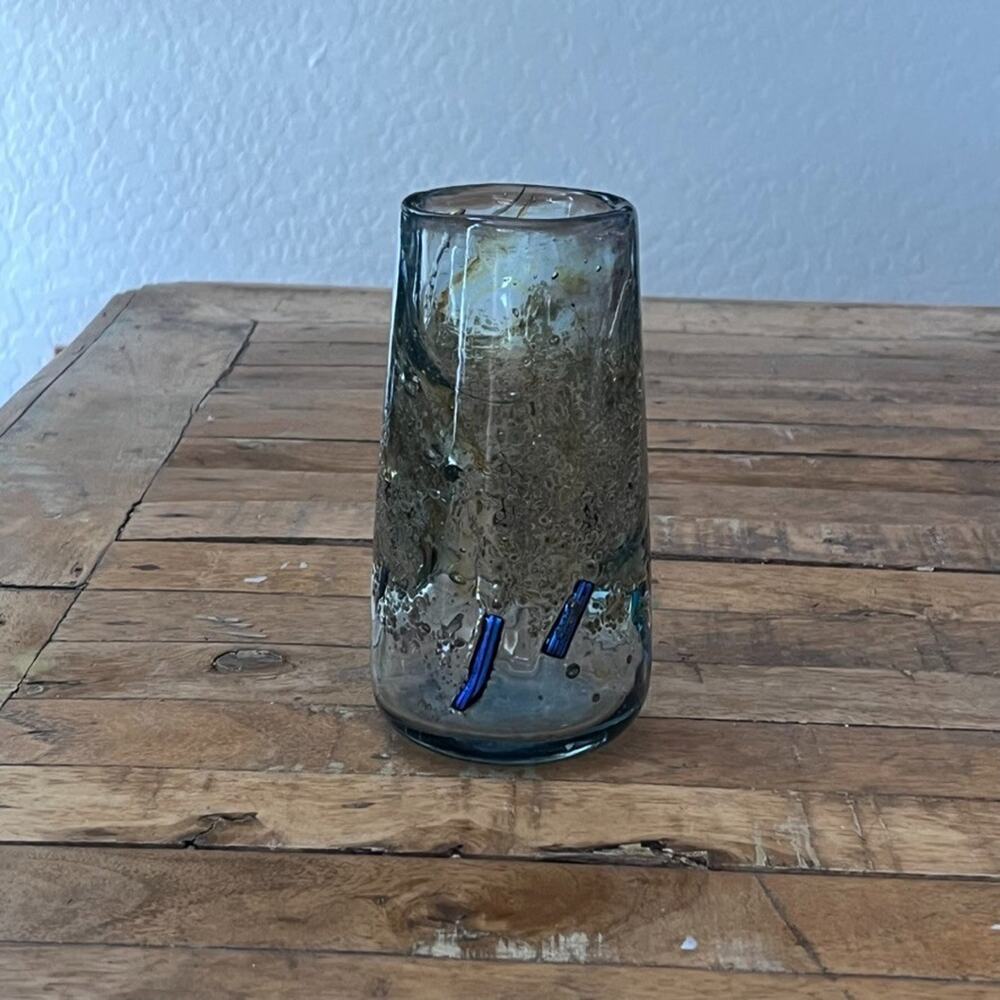 Art Glass Drinking Glass 6.5" Hand-Blown Bubble Glass Blue Accents
